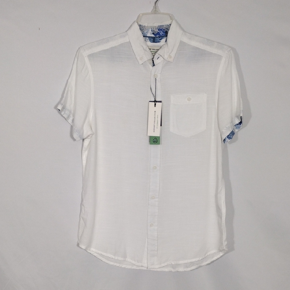 NWT Report Collection White Short Sleeve Slub Solid Woven Sport Shirt Men Sz Sm